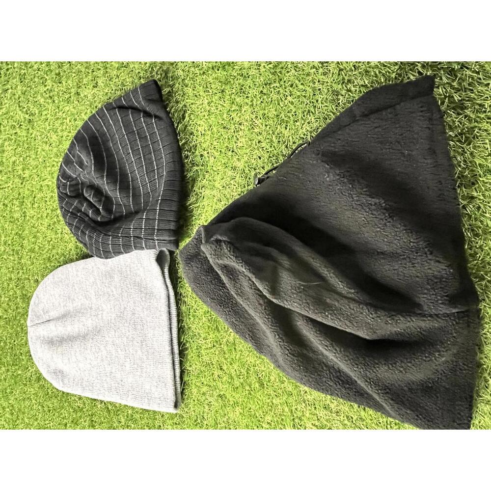 Set of Two Knit Beanies and‎ Black Fleece Hat with toggles
